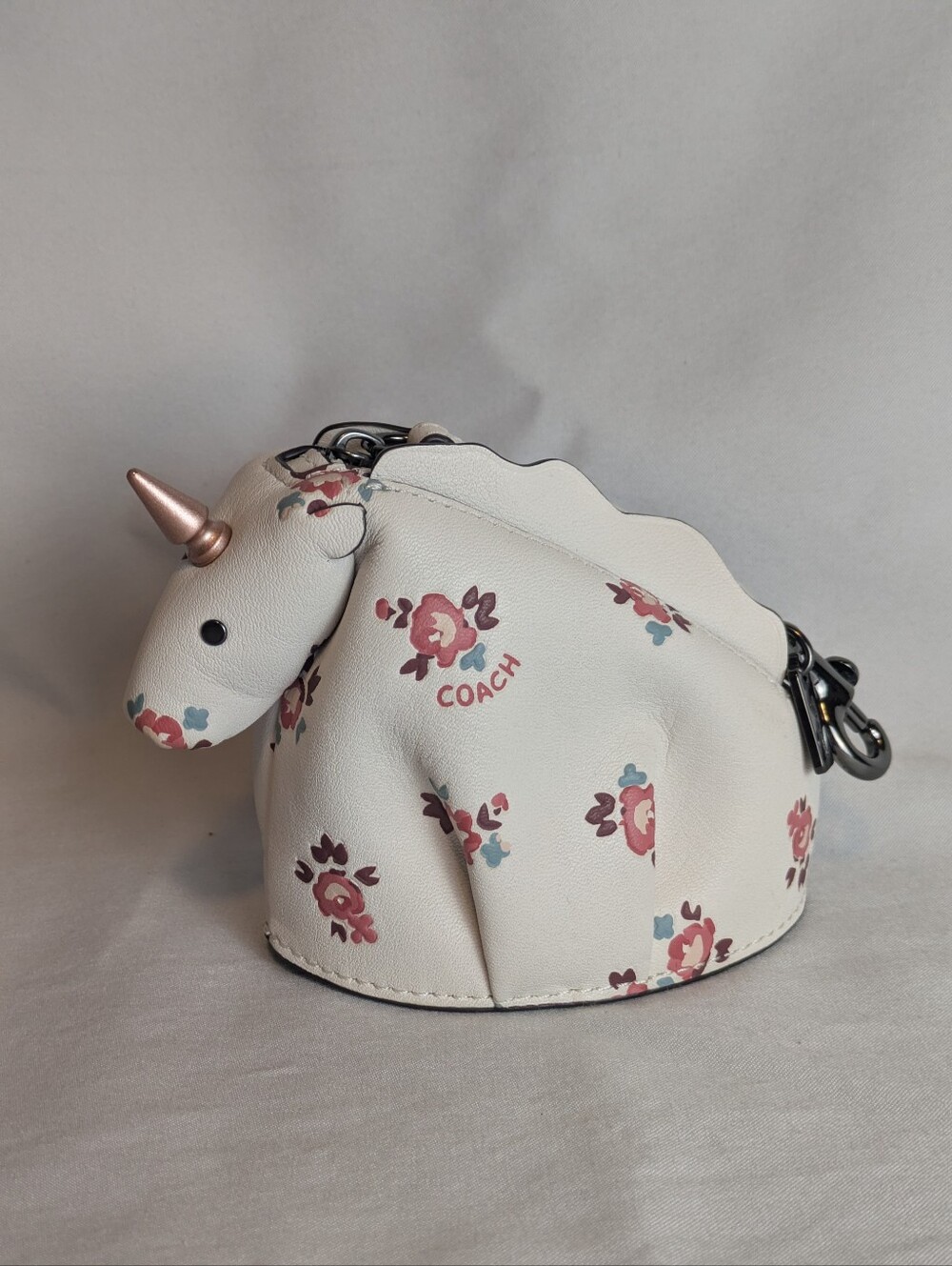 Coach White Floral Unicorn Coin Case with Rose-Gold Horn